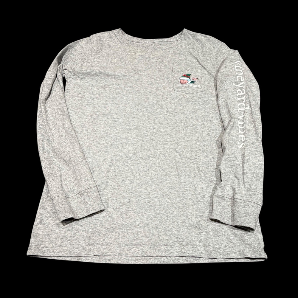 Vineyard Vines Merry Christmas Whale Long Sleeve Pocket Tee Size Youth L 14 Gray - Picture 2 of 8